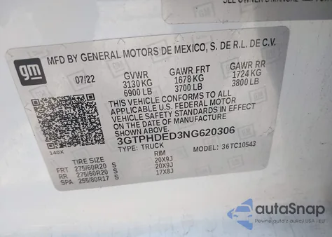 2022 GMC Sierra 1500 2Wd Short Box Slt from USA, damaged, VIN 3GTPHDED3NG620306